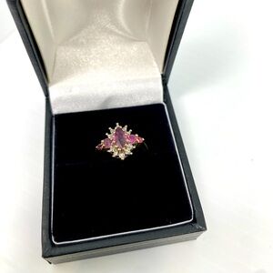 Vintage 9ct Gold, Ruby and Diamond Cluster Ring - Hallmarked 375 S&K